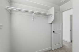 Walk in closet with light colored carpet