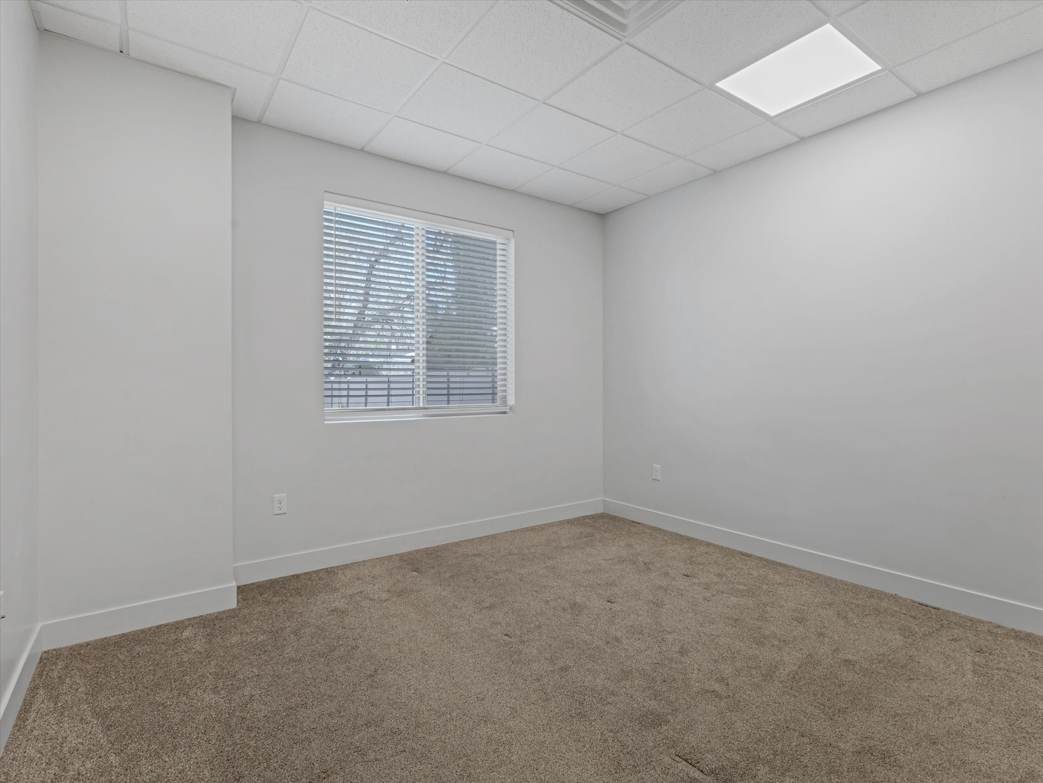 Carpeted room featuring a drop ceiling with recessed lighting, a window with horizontal blinds, and neutral wall tones