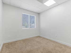 Carpeted interior space featuring a window with horizontal blinds, white walls, and a dropped ceiling with integrated lighting