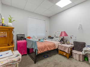 Bedroom with a drop ceiling and carpet