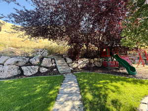 View of green lawn with playground