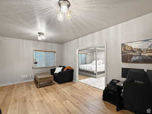 Basement Living area featuring a textured ceiling, light wood-type flooring, and an office area