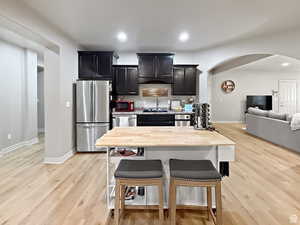 Basement Kitchen with arched walkways, open floor plan, stainless steel appliances, recessed lighting, and dark cabinets