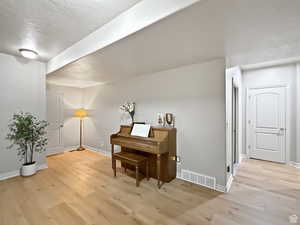 Basement living area with light wood-style flooring.