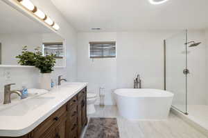 Bathroom with walk in shower, a freestanding bath, and double vanity