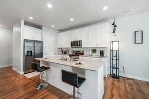 Kitchen with stainless steel appliances, a kitchen bar, white cabinetry, a center island with sink, and dark wood-style floors