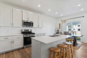Kitchen with stainless steel appliances, light wood-type flooring, a center island with sink, backsplash, and white cabinets