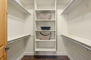 Walk in closet with dark wood-style flooring