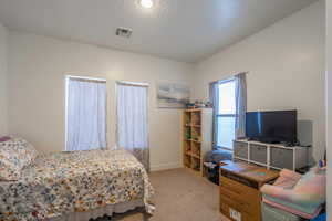 Bedroom with light colored carpet and baseboards