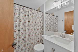 Full bathroom with vanity and curtained shower