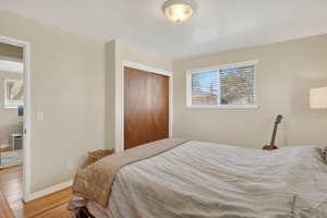 Bedroom with a closet and wood finished floors