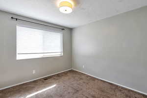 Empty room with a textured ceiling and carpet floors
