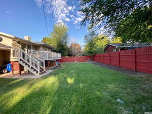 Fenced backyard with a wooden deck and a patio