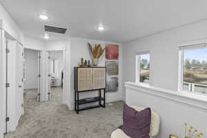 Living area with light carpet and plenty of natural light