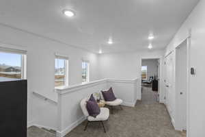 Living area featuring light carpet and recessed lighting