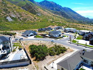 Aerial view of residential area with mountains
