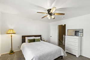 Bedroom with carpet flooring and ceiling fan