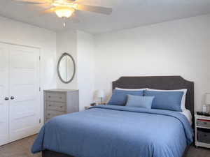 Bedroom with a large closet and a ceiling fan