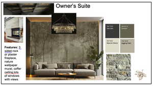 Inspiration Design Board for owner's suite featuring a mural and a three sided fireplace
