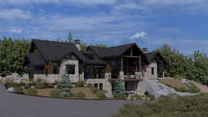 Rendered View of front of home featuring stone siding, front deck, and a chimney
