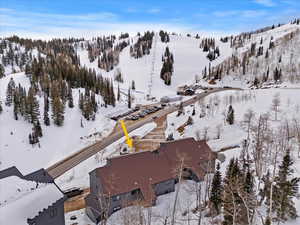 Snowy aerial view featuring a mountain view