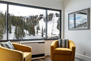 Living area with wood finished floors and radiator heating unit