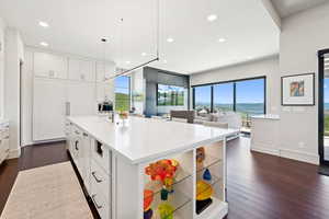 Kitchen featuring white cabinets, dark wood-type flooring, light stone countertops, and open floor plan
