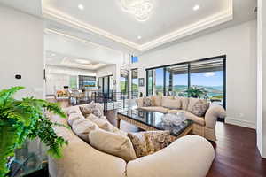 Living room featuring a raised ceiling, dark wood-style flooring, a mountain view, and suspended lighting
