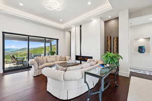 Living room featuring a mountain view, a raised ceiling, dark wood finished floors, recessed lighting, and a glass covered fireplace