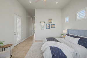 Bedroom with recessed lighting, a ceiling fan, and light tile patterned floors