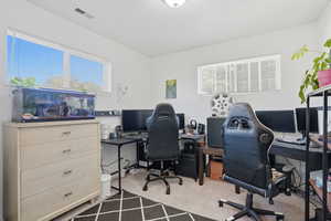 Office featuring light colored carpet