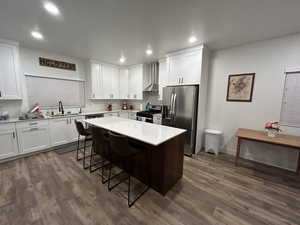 Kitchen with white cabinetry, stainless steel appliances, dark wood-type flooring, a center island, and recessed lighting