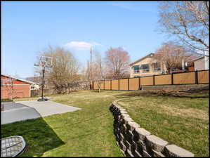 Fenced backyard with a patio area