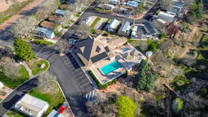 Aerial perspective of suburban area with a pool area