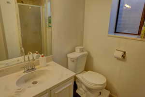 Full bath featuring vanity and a stall shower