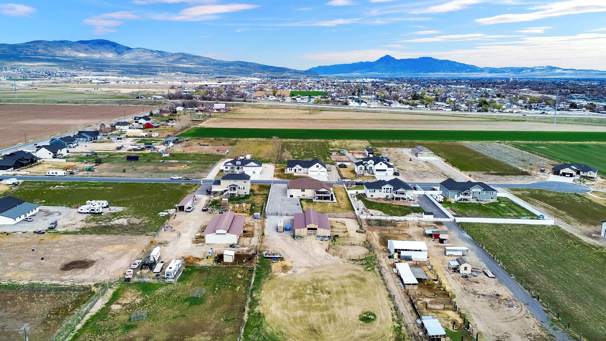 Aerial perspective of suburban area featuring mountains