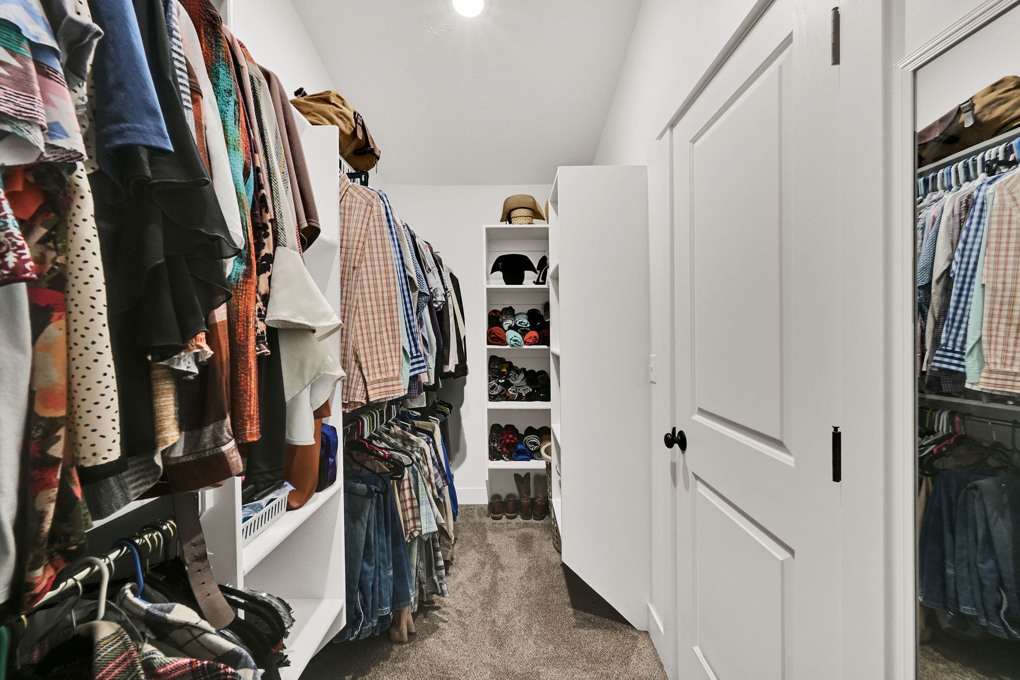 Walk in closet featuring light colored carpet