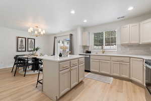 Kitchen featuring a kitchen island, light wood-type flooring, stainless steel appliances, and decorative backsplash