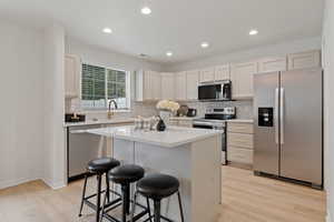 Kitchen featuring stainless steel appliances, light wood finished floors, a breakfast bar, a kitchen island, and decorative backsplash