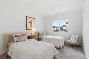 Bedroom with carpet flooring and vaulted ceiling