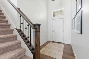 Entrance foyer with dark wood-style floors and a high ceiling