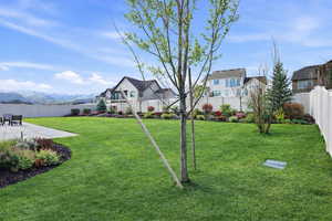 Fenced backyard featuring a mountain view and a patio