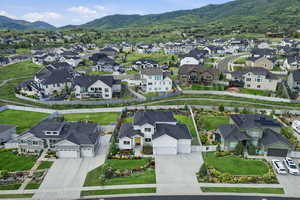Aerial perspective of suburban area with mountains