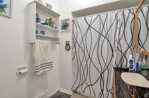 Full bath with vanity and a shower with shower curtain