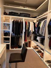 Walk in closet featuring carpet flooring and attic access