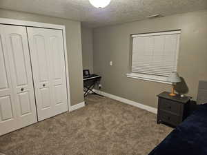 Bedroom featuring a closet, carpet floors, and a textured ceiling