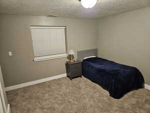 Bedroom with carpet flooring and a textured ceiling
