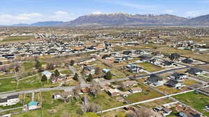 Aerial view of residential area with mountains