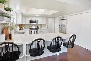 Kitchen with light countertops, stainless steel appliances, white cabinetry, a breakfast bar, and a peninsula