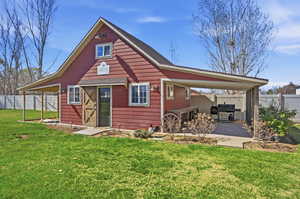Enjoy a separate 378 sq ft finished detached bonus space (21' x 18') perfect for entertaining, a party room, office, or studio. Large extra patio area and another covered area.